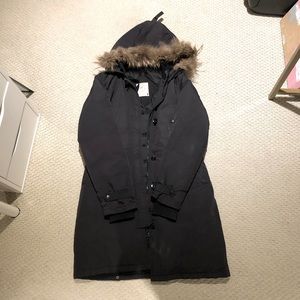 Black parka, winter coat with fur trim hood